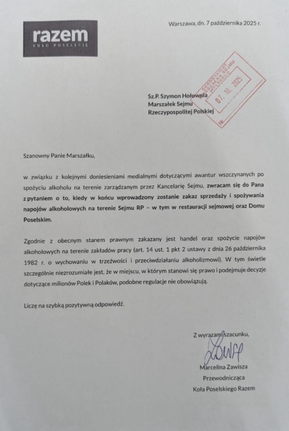 Pismo Partii Razem do marszałka Sejmu ws. zakazu sprzedaży