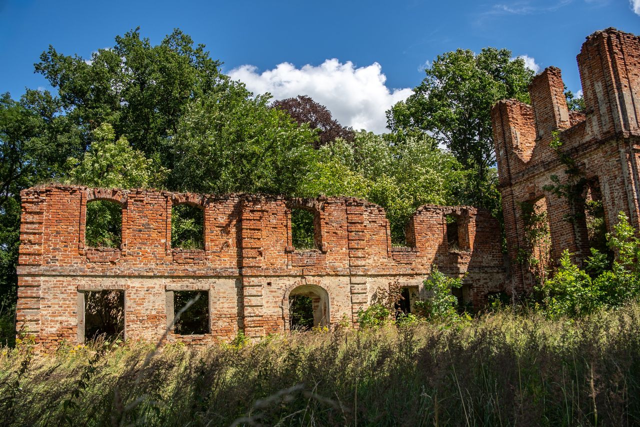 Długie skrzydło ruin przypomina o rozległości całego założenia.