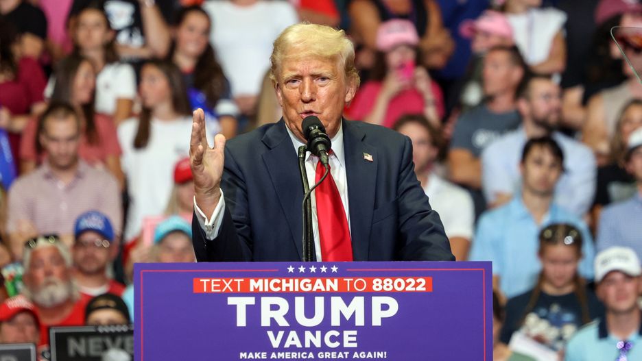 GRAND RAPIDS, MI - JULY 20: Former President and Republican Presidential candidate Donald Trump speaks to supporters at the Van Andes Arena in Grand Rapids, MI on July 20, 2024. Alex Wroblewski/The Washington Post via Getty Images