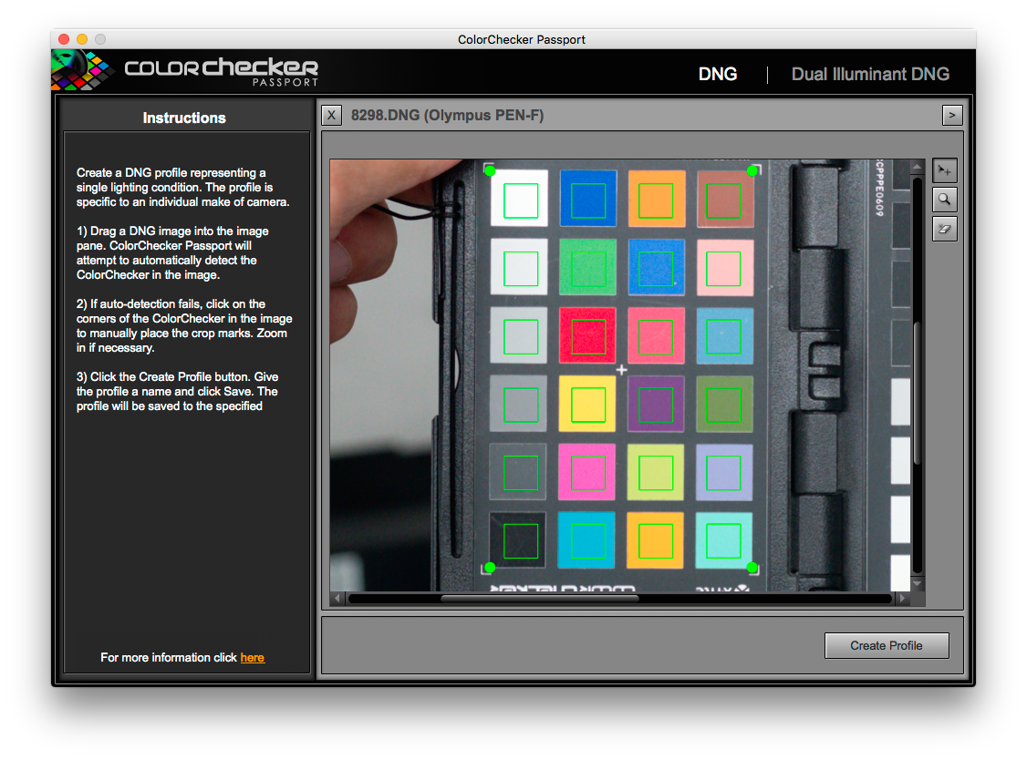 Aplikacja Color Checker Passport sama rozpozna odpowiednie punkty na karcie. Nasza ingerencja ogranicza się właściwie jedynie do zapisania profilu.