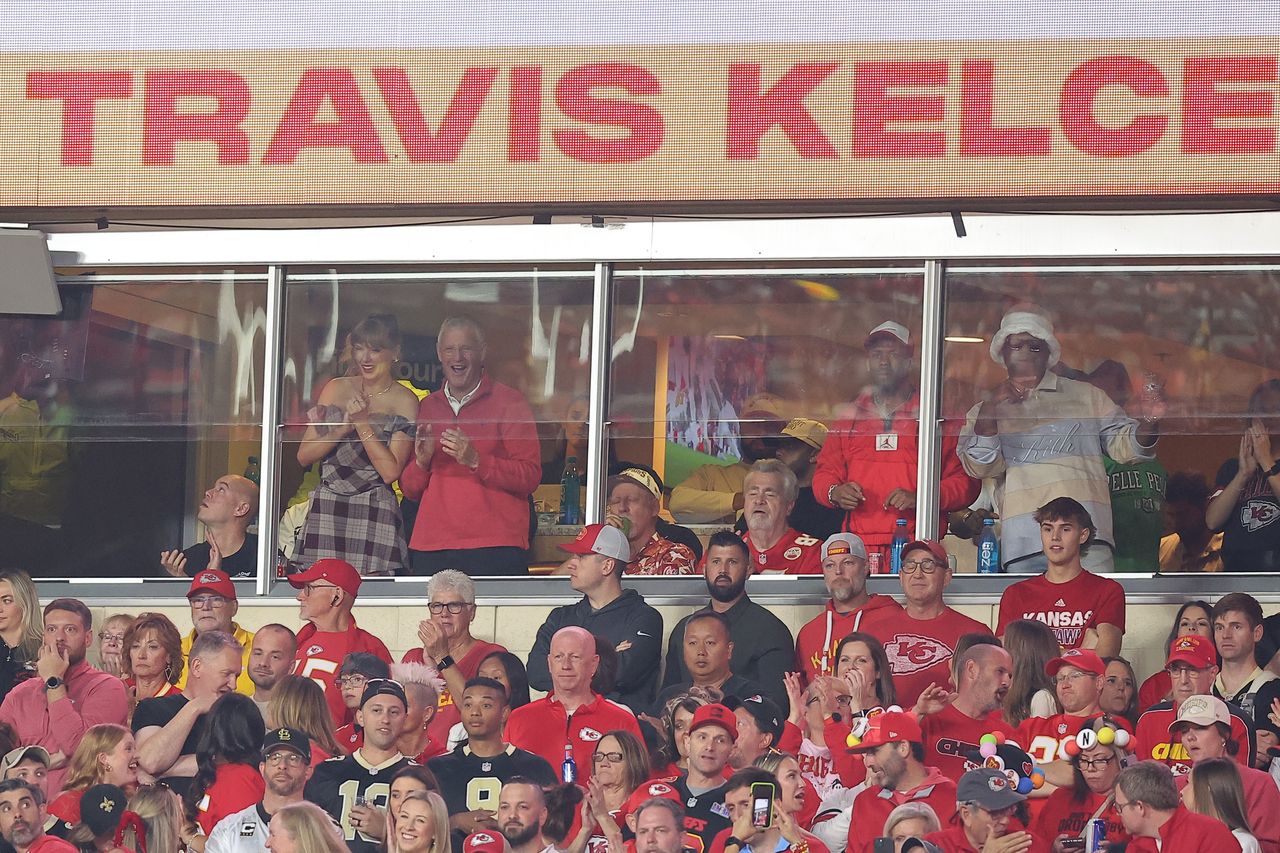 KANSAS CITY, MISSOURI - OCTOBER 07: Taylor Swift is seen in attendance during a game between the Kansas City Chiefs and the New Orleans Saints at GEHA Field at Arrowhead Stadium on October 07, 2024 in Kansas City, Missouri. (Photo by David Eulitt/Getty Images)