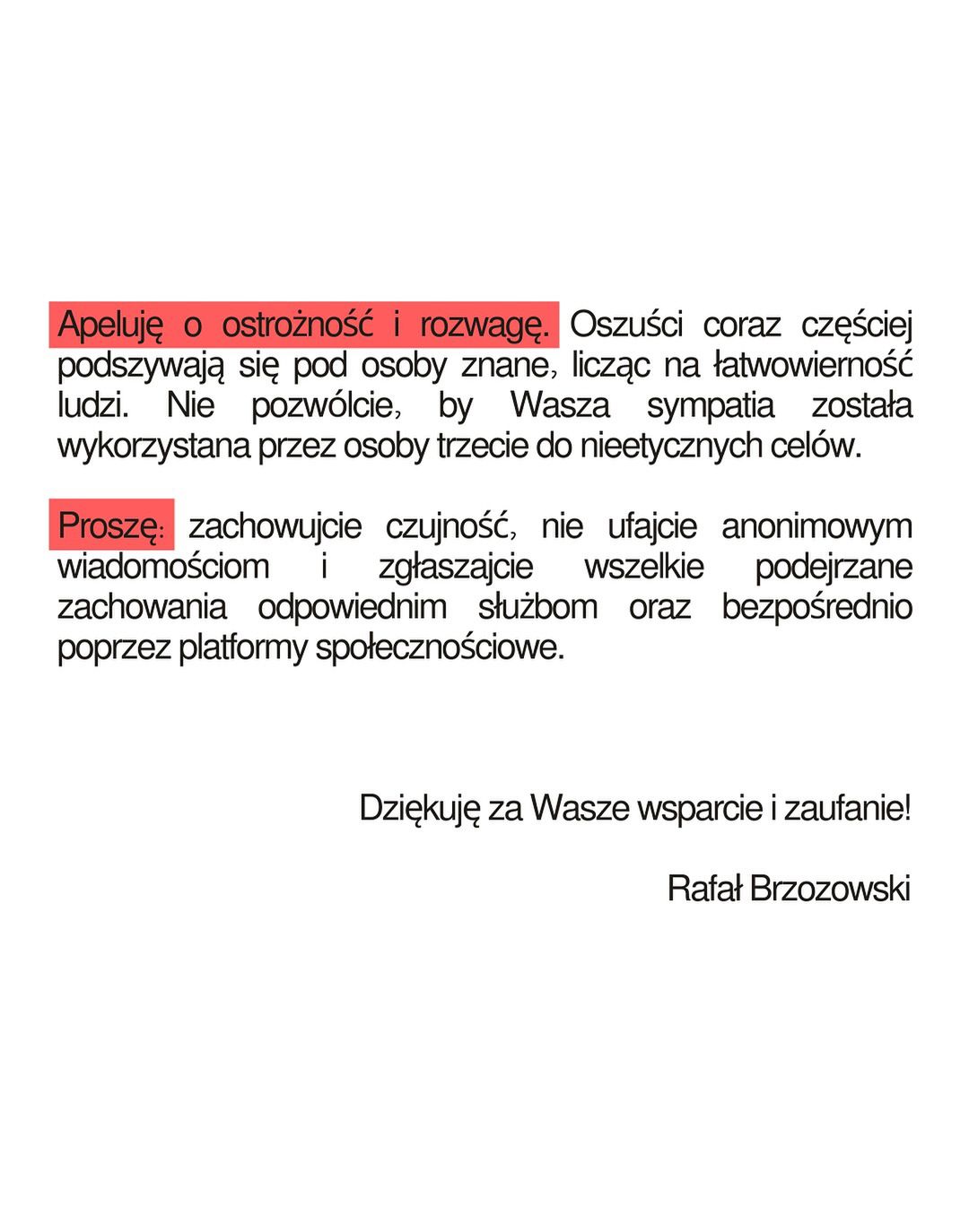 Rafał Brzozowski opublikował oświadczenie