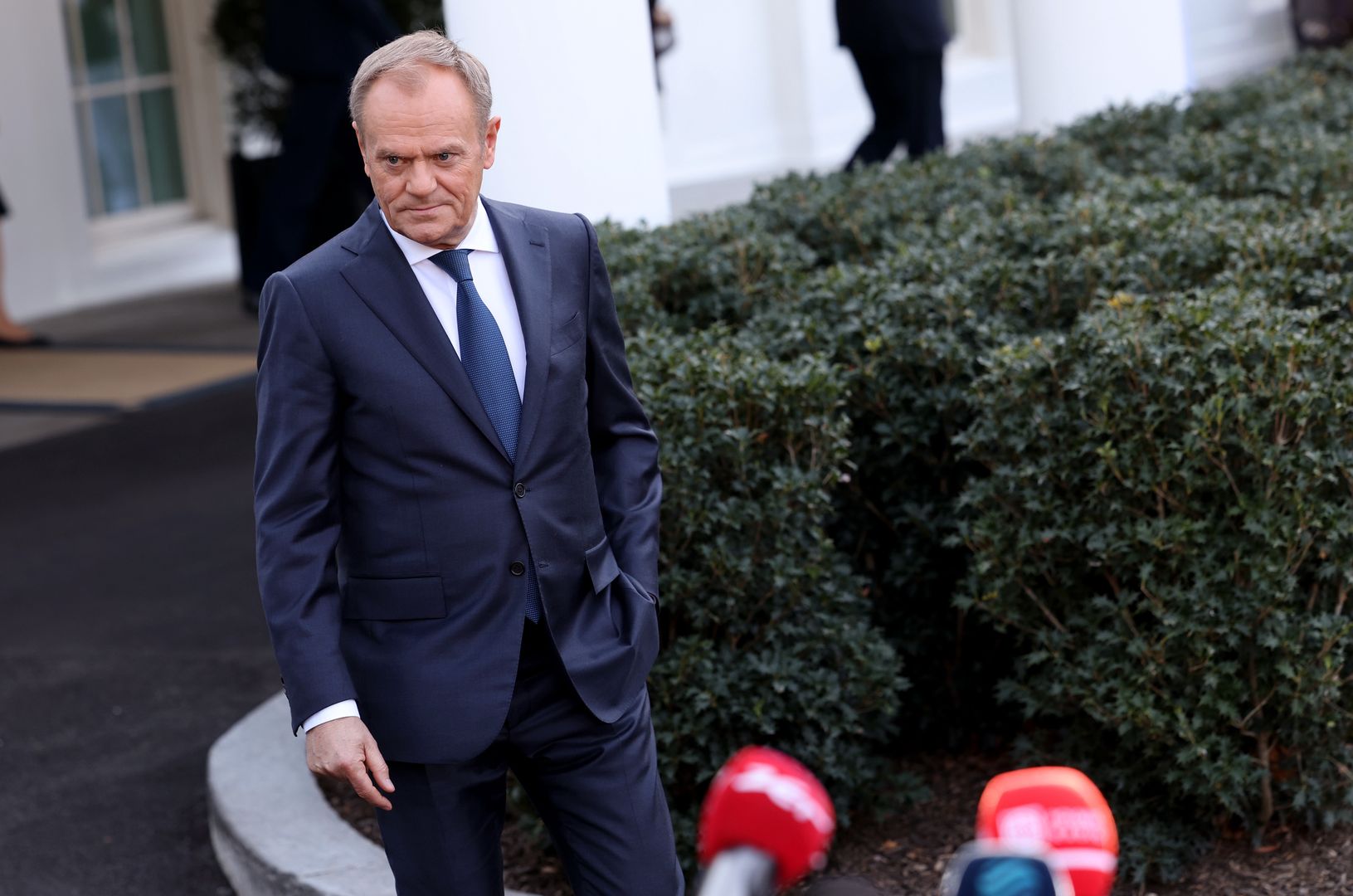 WASHINGTON, DC - MARCH 12: Prime Minister of Poland Donald Tusk arrives to speak to members of the media following a meeting with U.S. President Joe Biden at the White House on March 12, 2024 in Washington, DC. The leaders spoke on European security and reaffirmed military cooperation as Russia's war against Ukraine continues.  (Photo by Kevin Dietsch/Getty Images)