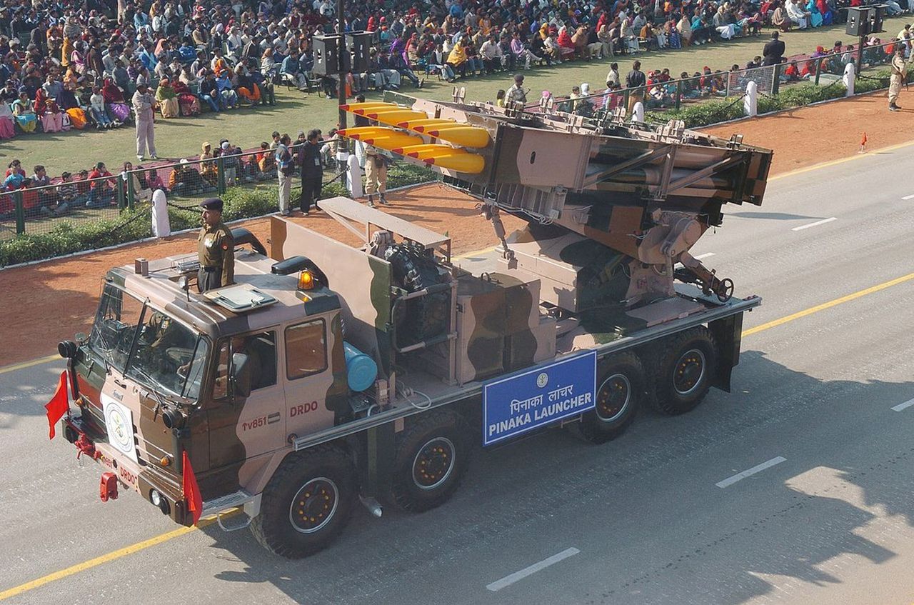 Pinaka rocket launcher during a parade in India