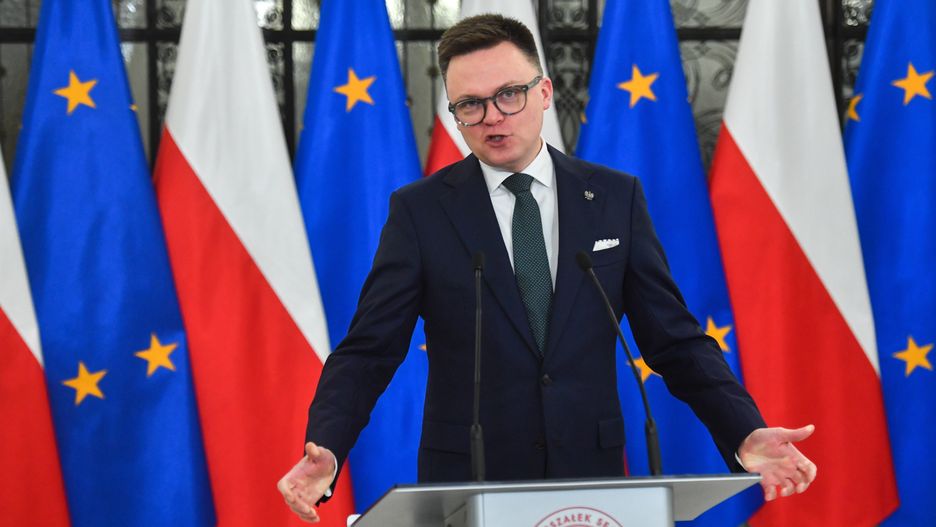 Warszawa, 19.12.2023. Marszałek Sejmu Szymon Hołownia podczas konferencji prasowej w Sejmie w Warszawie, 19 bm. (jm) PAP/Piotr Nowak