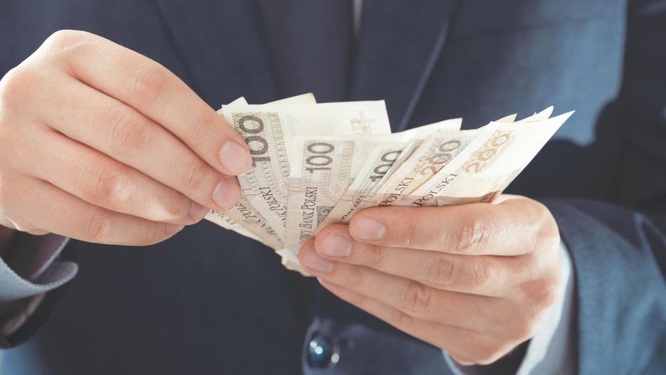 Man in a suit counts Polish banknotes
