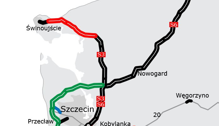 Na czerwono brakujące odcinki drogi S3 Szczecin — Świnoujście 
