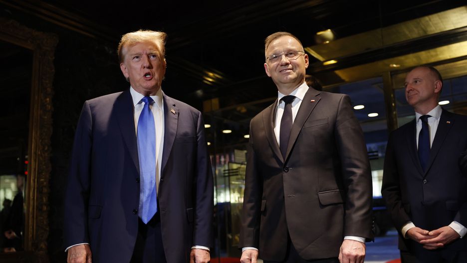 NEW YORK, NEW YORK - APRIL 17: Republican presidential nominee, former President Donald Trump speaks as he meets with Polish President Andrzej Duda at Trump Tower on April 17, 2024 in New York City. Trump met with President Duda, a strong supporter of Ukraine, as European and NATO leaders prepare for the possibility that Trump wins the November presidential election and returns to the White House. The meeting comes on an off day in Trump's criminal trial.  (Photo by Michael M. Santiago/Getty Images)