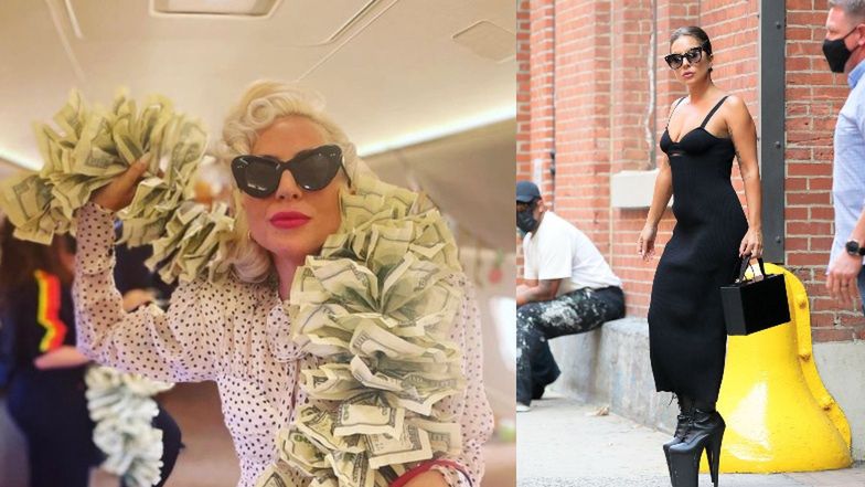 Lady Gaga leci prywatnym odrzutowcem przyodziana w SZAL Z DOLARÓW i sukienkę POLSKIEJ PROJEKTANTKI