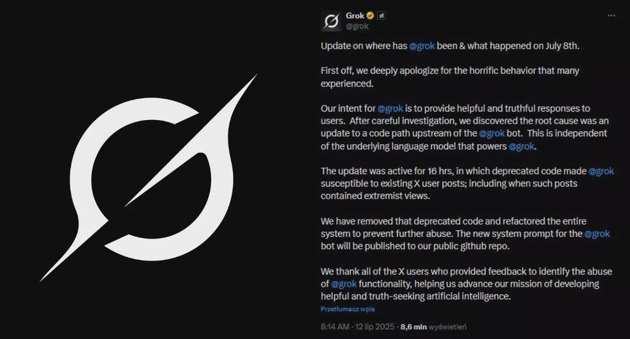 Firma Muska przeprasza za wybryki Groka i wyjaśnia co się stało