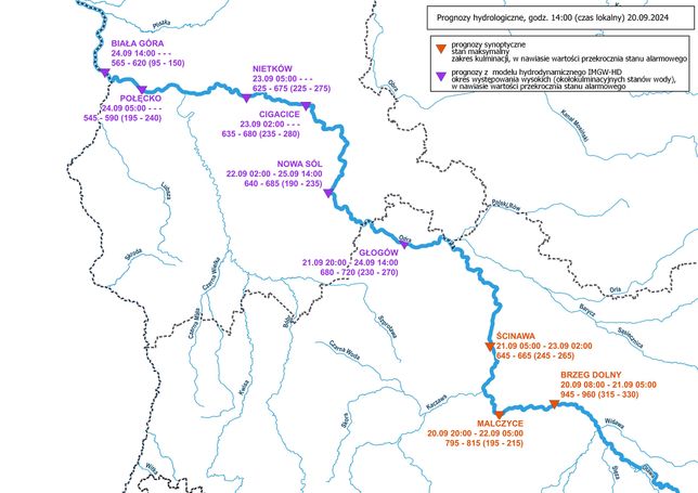 Prognoza hydrologiczna wezbrania na Odrze 20.09.2024.  