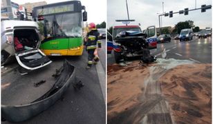 Poznań. Wypadek z udziałem osobówki, karetki i autobusu. Trzy osoby ranne