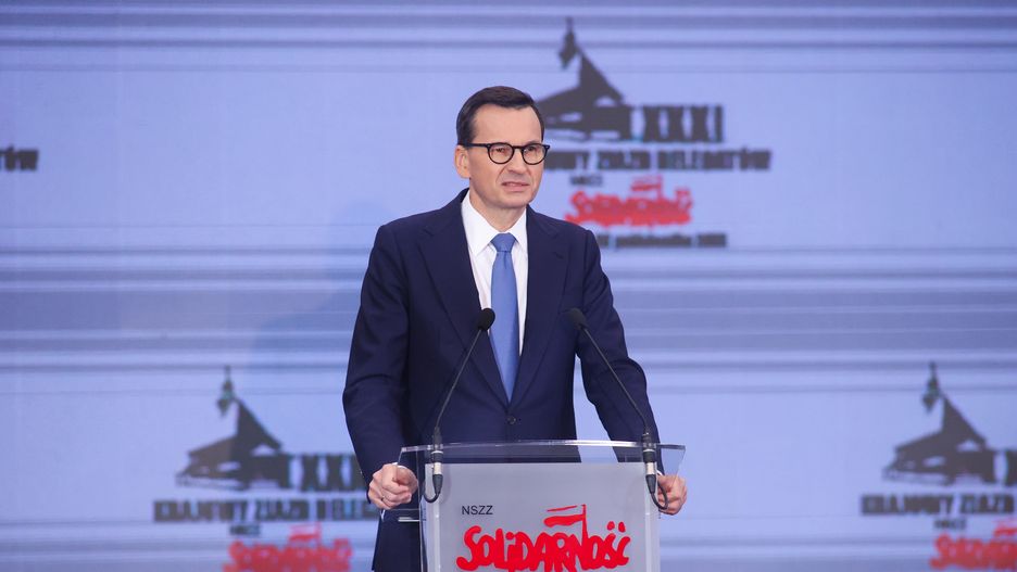 Spała, 19.10.2023. Premier Mateusz Morawiecki na 31. Krajowym Zjeździe Delegatów NSZZ "Solidarność" w Centralnym Ośrodku Sportu w Spale, 19 bm. (aldg) PAP/Marian Zubrzycki