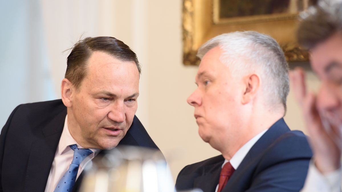 Poland's Foreign Minister Radoslaw Sikorski (L) is speaking with the Minister of Interior Tomasz Siemoniak (R) before the National Security Council gathering in Warsaw, Poland, on July 8, 2024. The President of Poland is holding a meeting with the National Security Council ahead of his flight to Washington, U.S., for the NATO summit that marks the 75th alliance's anniversary. (Photo by Aleksander Kalka/NurPhoto via Getty Images)