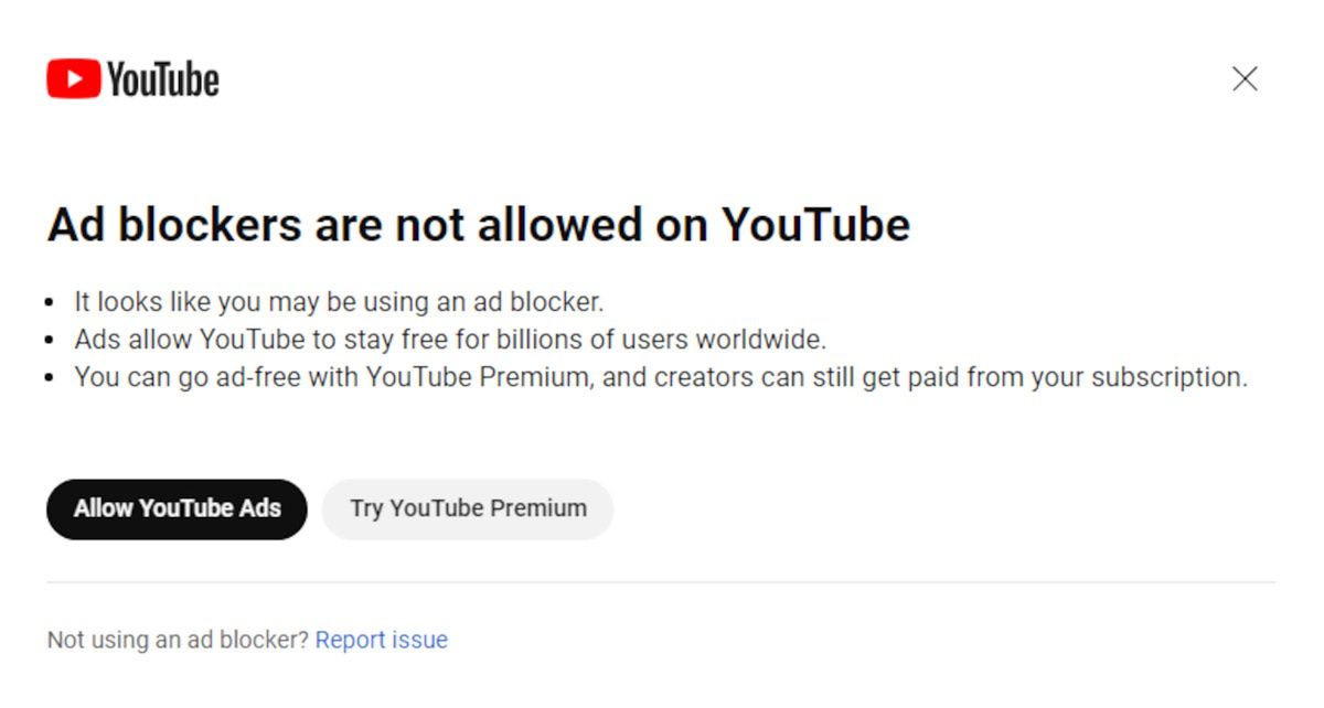Komunikat wyświetlający się na YouTube podczas używania adblocka