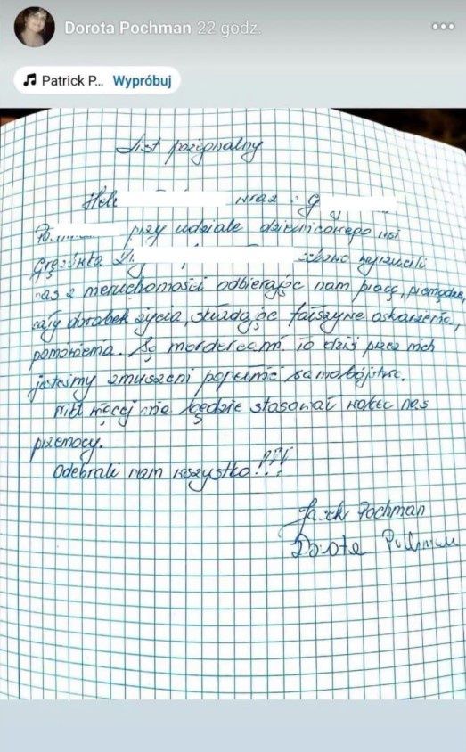 List udostępniony na profilu kobiety