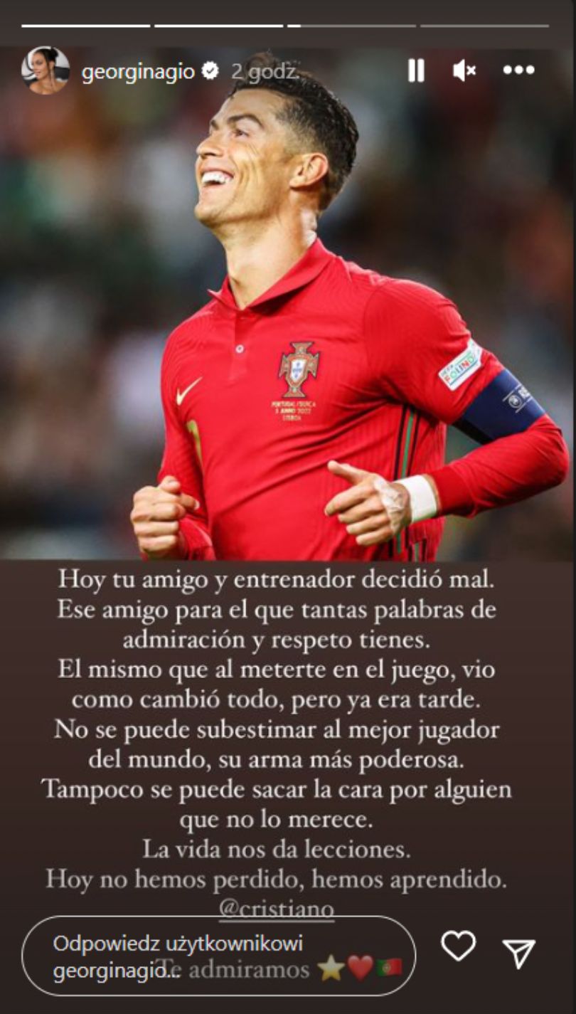Ukochana Cristiano Ronaldo komentuje przegraną Portugalii na mundialu. Georgina Rodriguez obwinia trenera