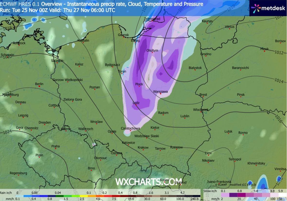 Opady śniegu w czwartek o godz. 6 rano