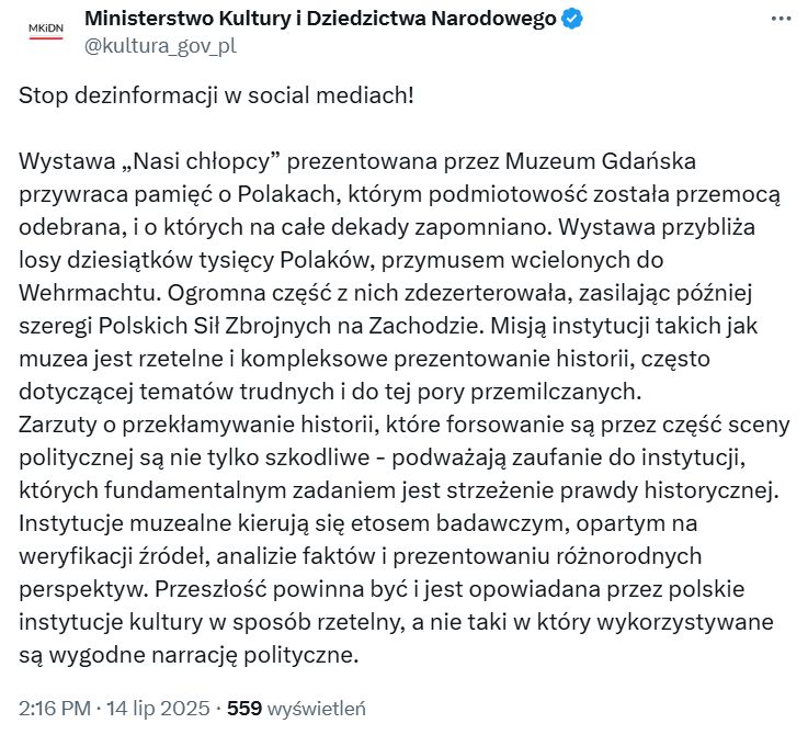 Komunikat ws. wystawy "Nasi chłopcy".