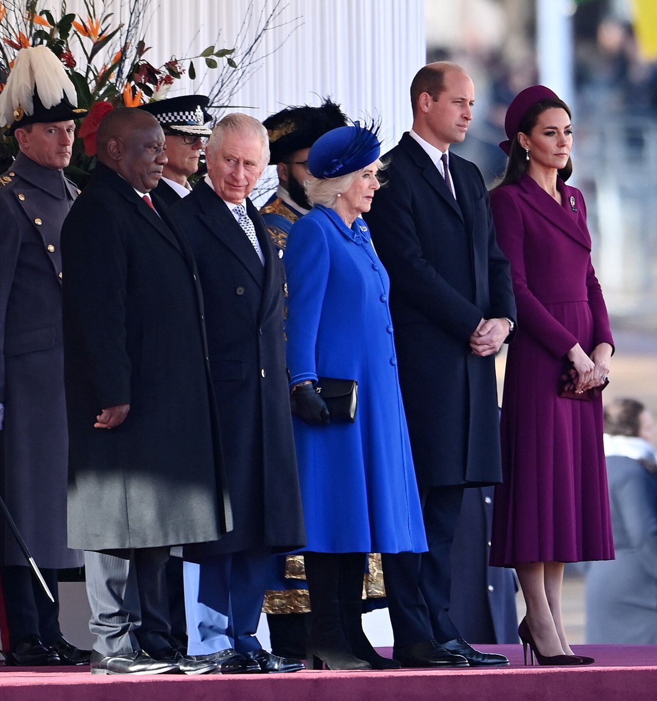 South African President Cyril Ramaphosa visits London
epa10320352 (L-R) South African President Cyril Ramaphosa, Britain's King Charles III, Camila Queen Consort, Prince William and Catherine Princess of Wales during a welcoming ceremony at Horse Guards Parade in London, Britain, 22 November 2022. South African President Ramaphosa is on a two day state visit to Britain.  EPA/ANDY RAIN 
Dostawca: PAP/EPA.
ANDY RAIN