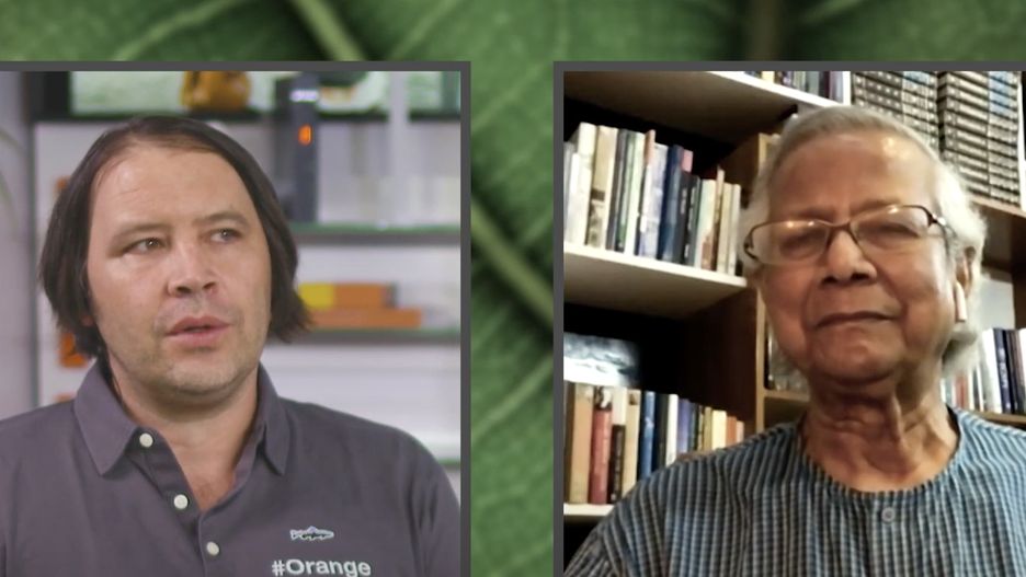Julien Ducarroz, prezes Orange Polska i Muhammad Yunus, wykładowca ekonomii z Bangladeszu, laureat Pokojowej Nagrody Nobla 