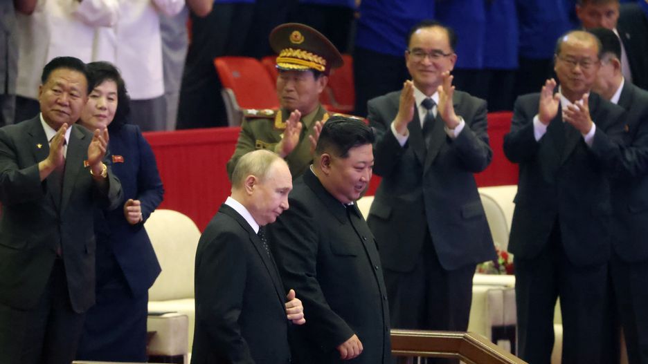 PYONGYANG, NORTH KOREA- JUNE 19 (RUSSIA OUT) Russia's President Vladimir Putin (L) and North Korean Supreme Leader Kim Jong Un (R) leave the concert after Russian-North Korean talks,  June 19, 2024, in Pyongyang, North Korea. Russian President Vladimir Putin is in North Korea for a two-day diplomatic visit. (Photo by Contributor/Getty Images)