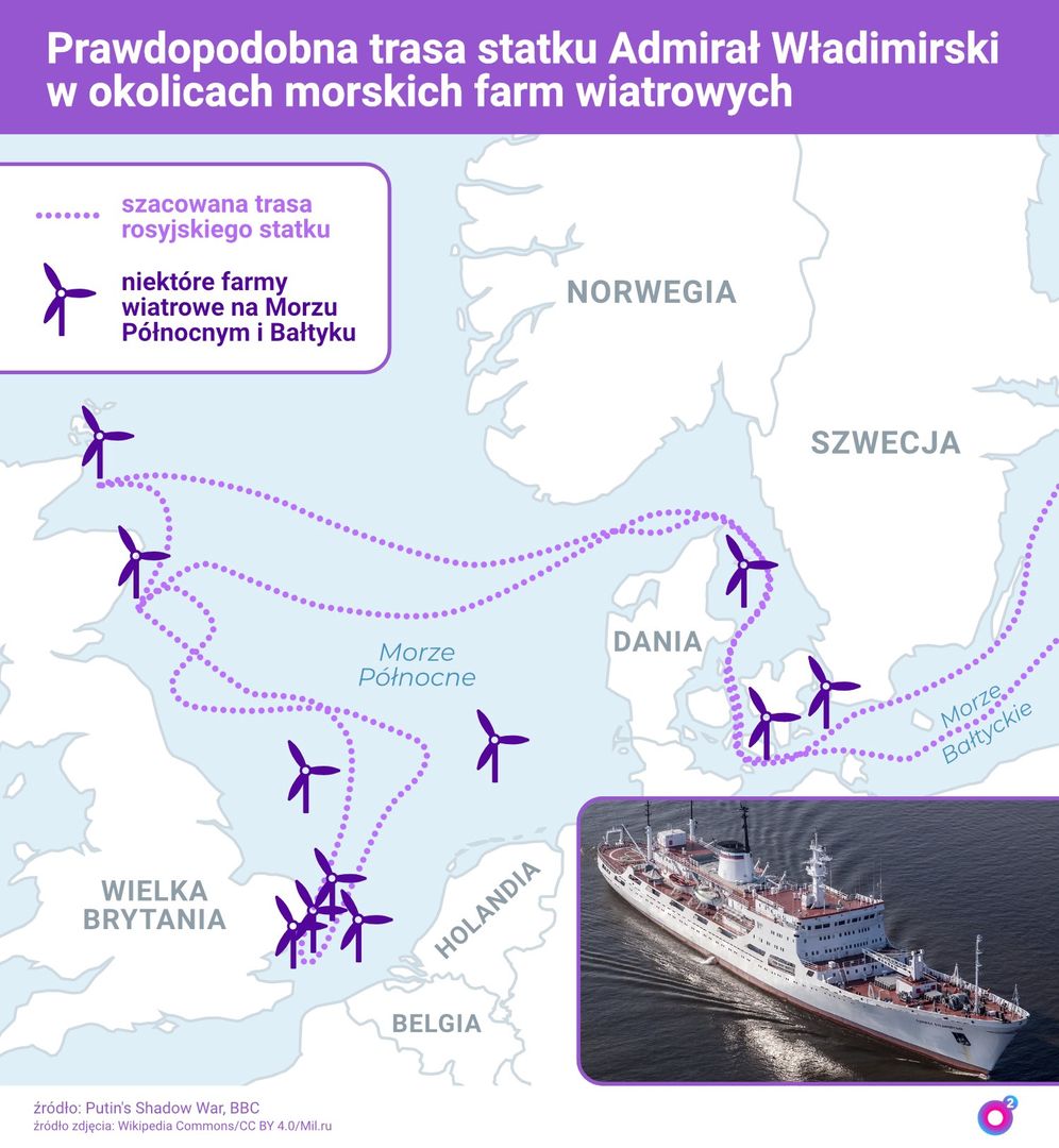 Trasa rosyjskiej jednostki i fermy wiatrowe, które okręt prawdopodobnie rozpoznawał