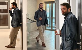 Michał Żurawski sączy napój przed rozprawą rozwodową. Roma Gąsiorowska nie pojawiła się w sądzie (ZDJĘCIA)