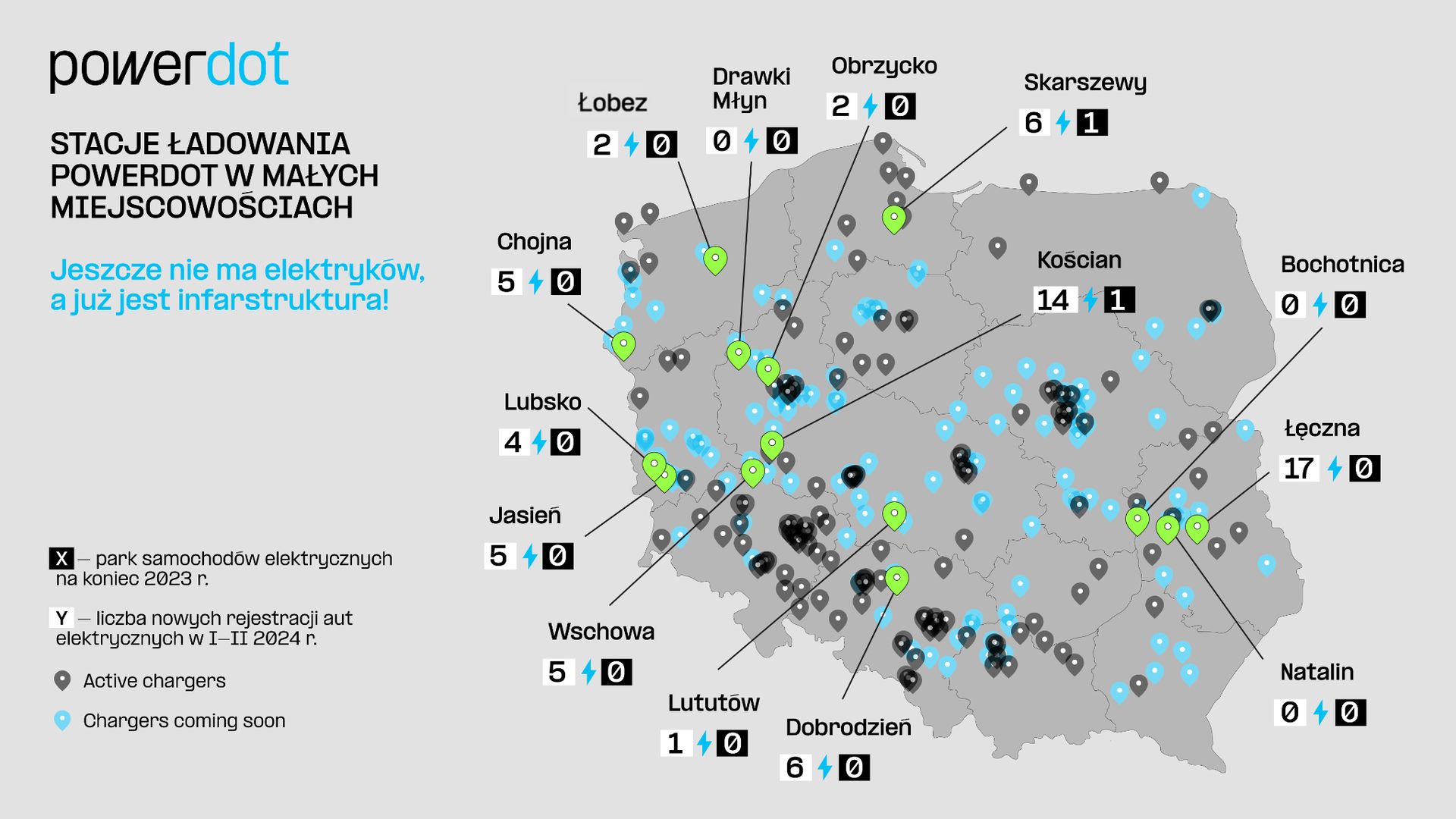 Mapa stacji ładowania w gminach wiejskich