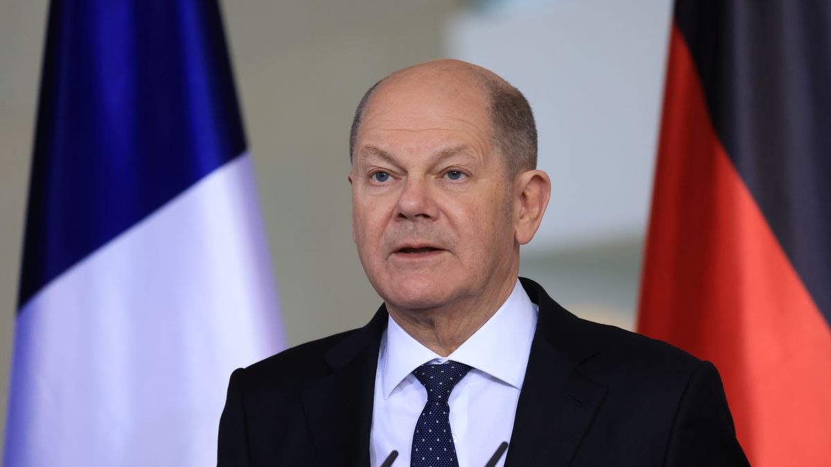 Olaf Scholz, Germany's chancellor, during a joint press statement with Donald Tusk, Poland's prime minister, and Emmanuel Macron, France's president, left, at the Chancellery in Berlin, Germany, on Friday, March 15, 2024. Macron is ramping up pressure on Scholz to take a stronger stance in support of Ukraine with a dire warning of the "existential" threat Russia poses to the European Union. Photographer: Krisztian Bocsi/Bloomberg via Getty Images