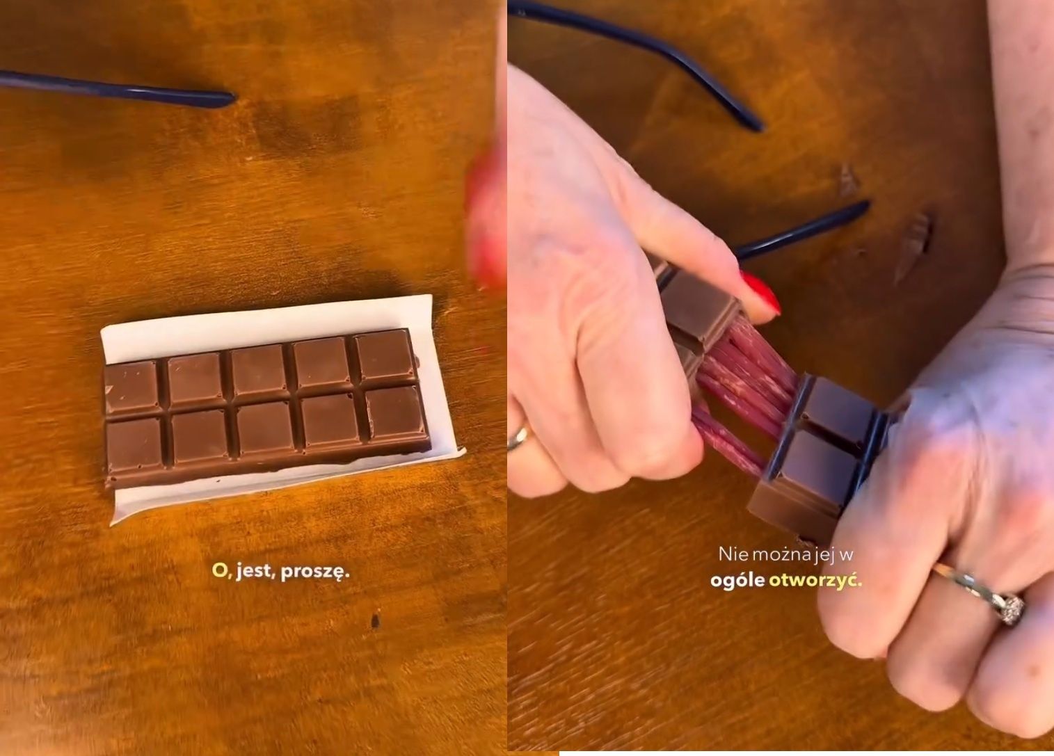 Bosacka próbuje czekolady spaghetti