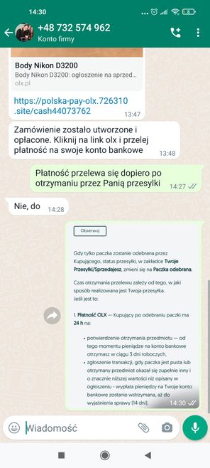 Wiadomość z fałszywym linkiem na WhatsAppie