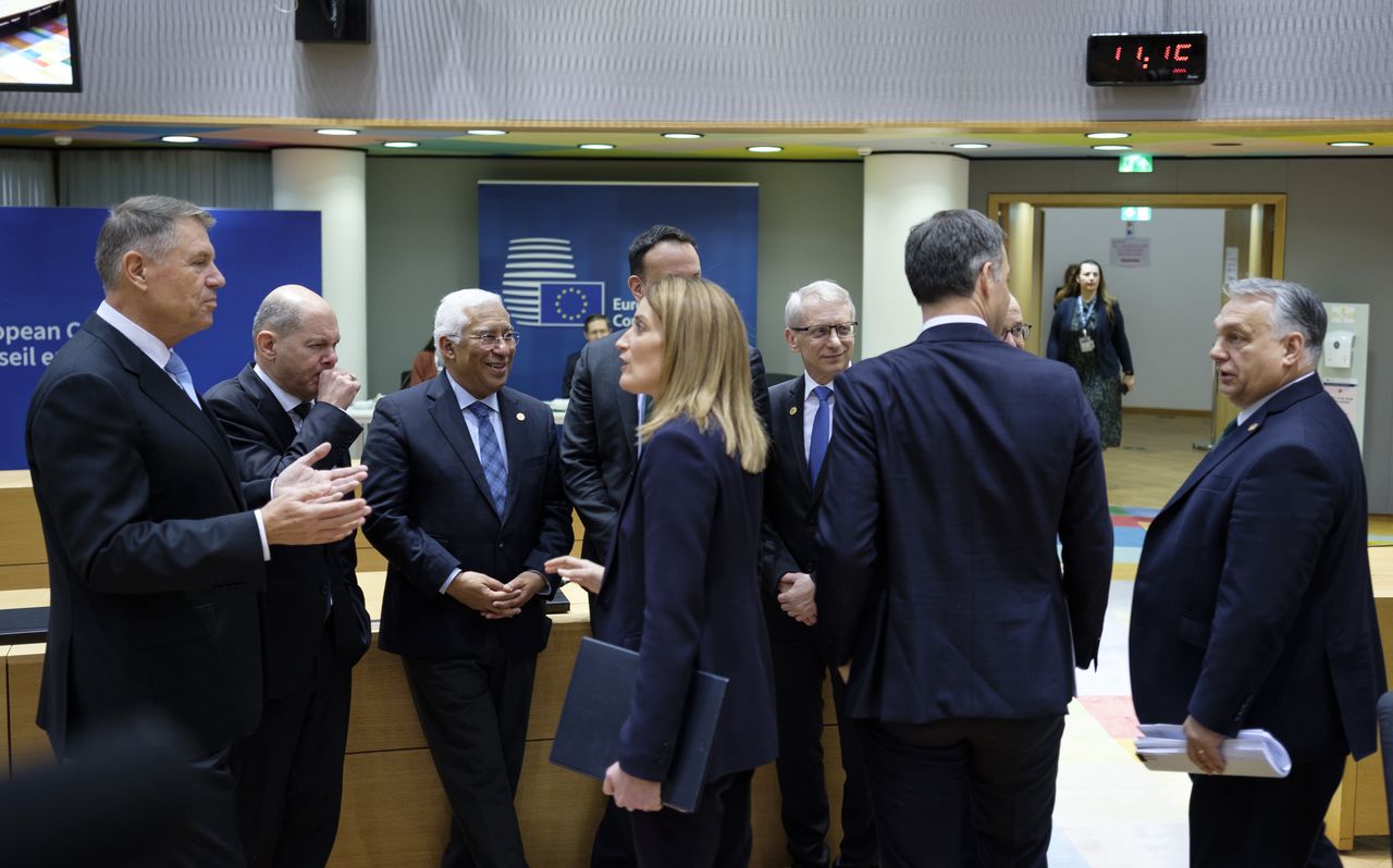 BRUSSELS, BELGIUM - FEBRUARY 1: (L-R) Romanian President Klaus Werner Iohannis talks with the German Chancellor Olaf Scholz, the Portugese Prime Minister, Antonio Costa GCIH, the President of the European Parliament Roberta Metsola, the Irish Taoiseach (Prime Minister) Leo Varadkar, the Bulgarian Prime Minister Nikolai Denkov, the Belgium Prime Minister Alexander De Croo, the Luxembourg Prime Minister Luc Frieden and the Hungarian Prime Minister Viktor Mihaly Orban prior the start of an EU Summit in the Europa building on February 2, 2024 in Brussels, Belgium. Heads of the 27 European Union states meet in the Belgian capital to discuss the 2021-2027 budgetary plan, whilst focusing on Hungary's blocking of a 50 billion Euro (54 billion USD) military and financial support package for Ukraine.  (Photo by Thierry Monasse/Getty Images)