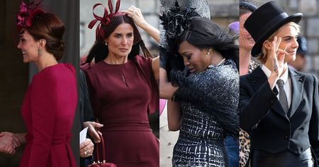 Ślub księżniczki Eugenii: kapelusz Naomi Campbell walczy z wiatrem, Cara Delevingne we fraku i ciężarna Pippa Middleton (ZDJĘCIA)