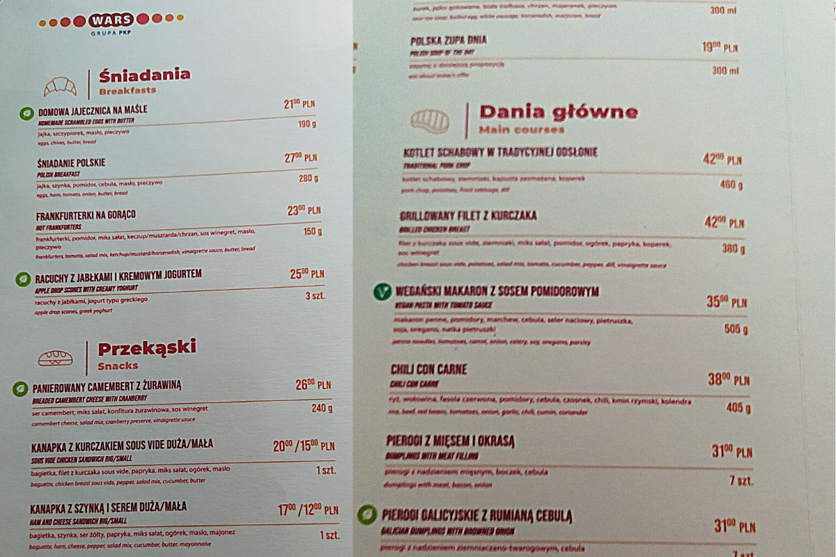 Wybrane pozycje z menu wagonów Wars, stan na listopad 2023