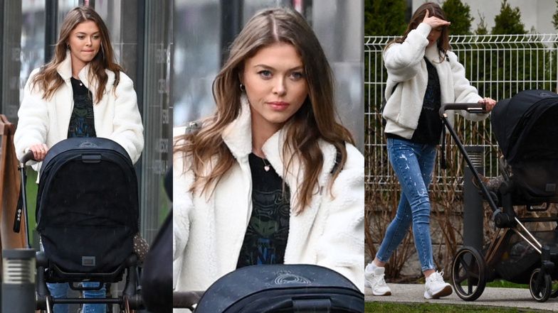 Joanna Opozda w sportowej stylówce spaceruje z wózkiem i UCIEKA przed deszczem (ZDJĘCIA)