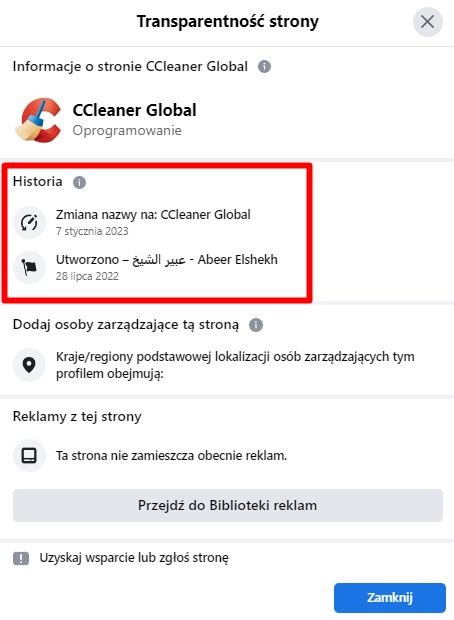 Historia zmian opisywanej strony na Facebooku