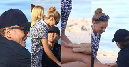 Figle na plaży: Rozmarzony Chyra blondynkę po udach smyra (ZDJĘCIA)