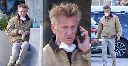 Naburmuszony Sean Penn zajada kanapkę w masce ochronnej, uprzednio myjąc ręce żelem antybakteryjnym (ZDJĘCIA)