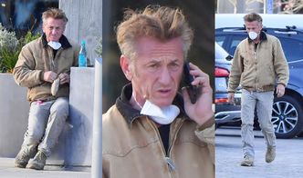 Naburmuszony Sean Penn zajada kanapkę w masce ochronnej, uprzednio myjąc ręce żelem antybakteryjnym (ZDJĘCIA)