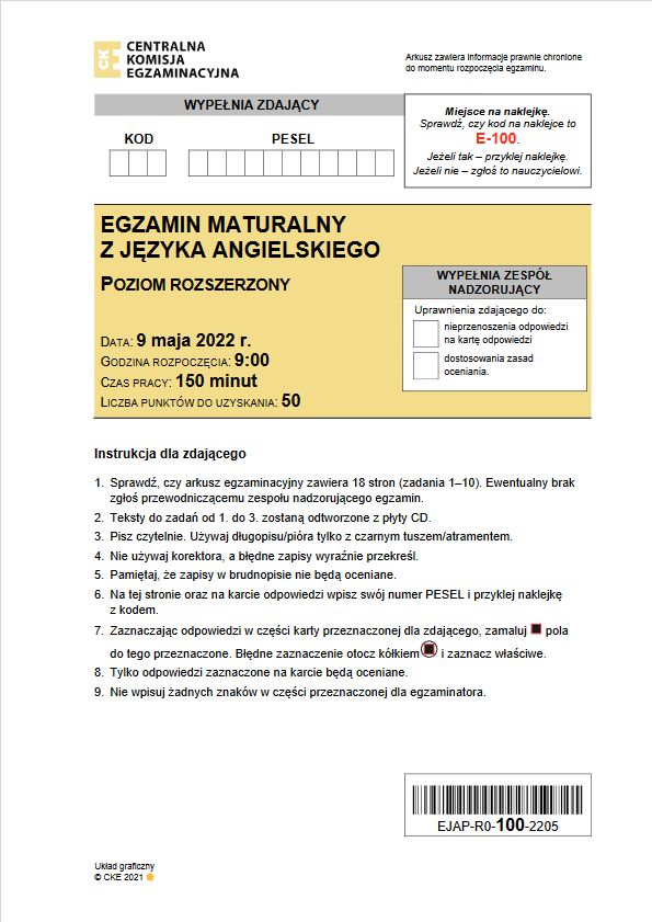 Arkusze maturalne z j. angielskiego. Poziom rozszerzony. Maj 2022