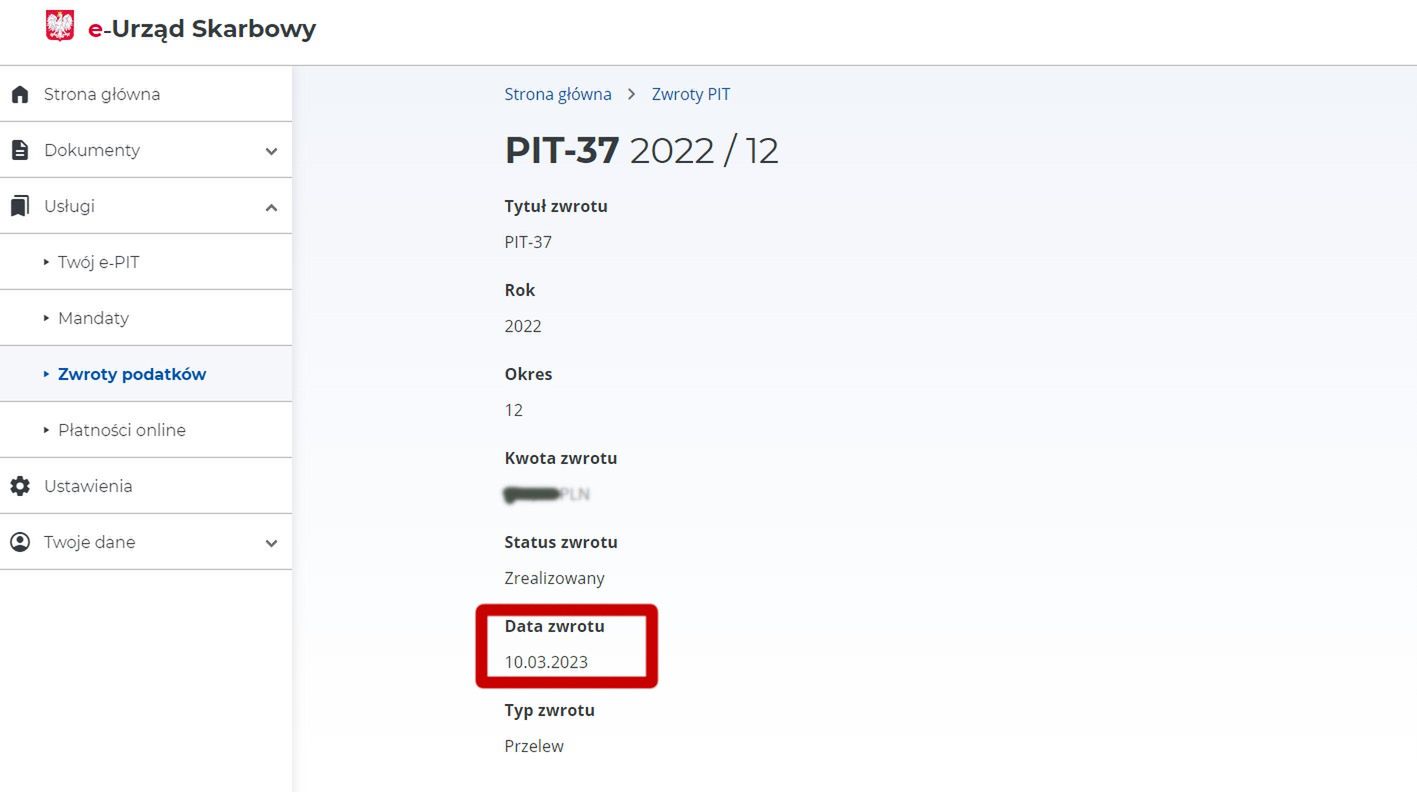 Szczegóły zwrotu w e-Urzędzie Skarbowym