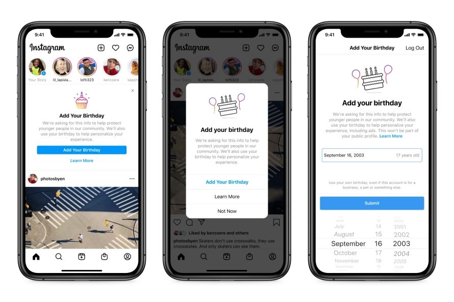 Instagram proszący o uzupełnienie daty urodzin