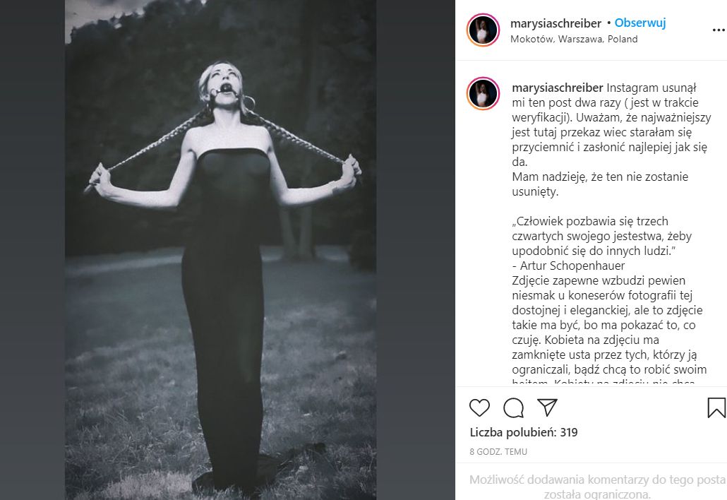 Post Marianny Schreiber po raz trzeci został usunięty z Instagrama 