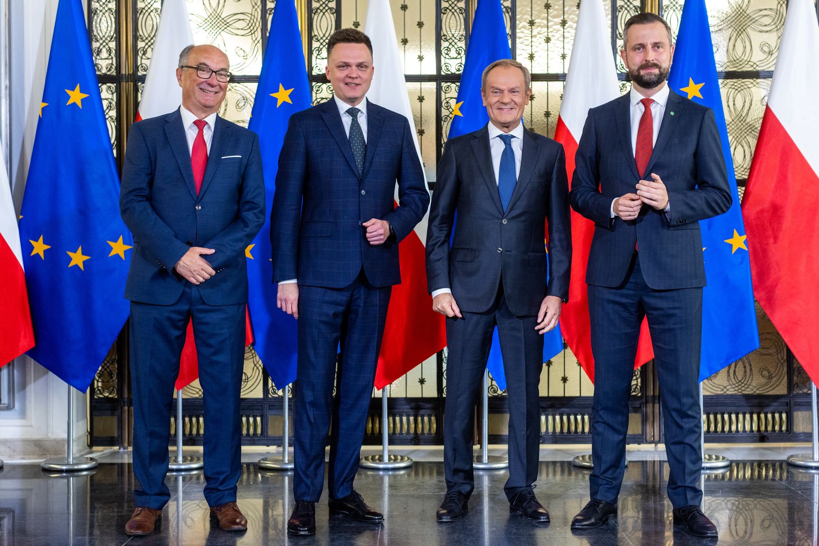 Na zdjęciu liderzy koalicyjnych ugrupowań: Włodzimierz Czarzasty, Szymon Hołownia, Donald Tusk i Władysław Kosiniak-Kamysz