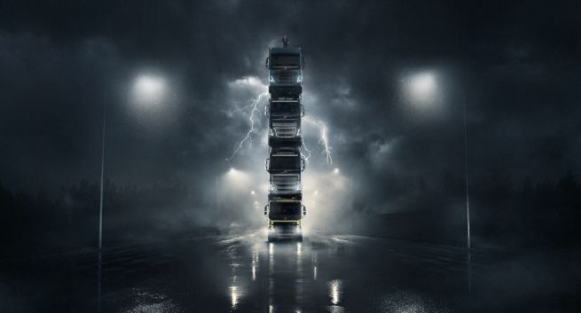 Roger Alm na szczycie jadącej wieży z 4 ciężarówek w nowej reklamie Volvo Trucks (wideo)