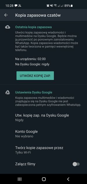 Ustawienia kopii zapasowej w WhatsAppie