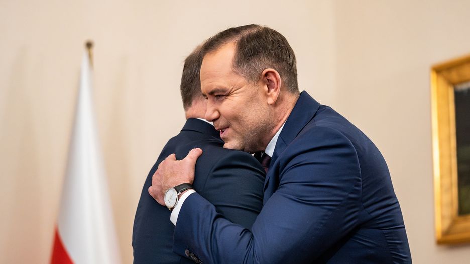 Andrzej Duda, Poland's president, left, and Karol Nawrocki, Poland's incoming president, at the Presidential Palace in Warsaw, Poland, on Tuesday, June 3, 2025. The ascent of Karol Nawrocki, a conservative historian and one-time boxer with scant political experience, also registers a rare win for Trump's MAGA movement. Photographer: Damian Lemanski/Bloomberg via Getty Images