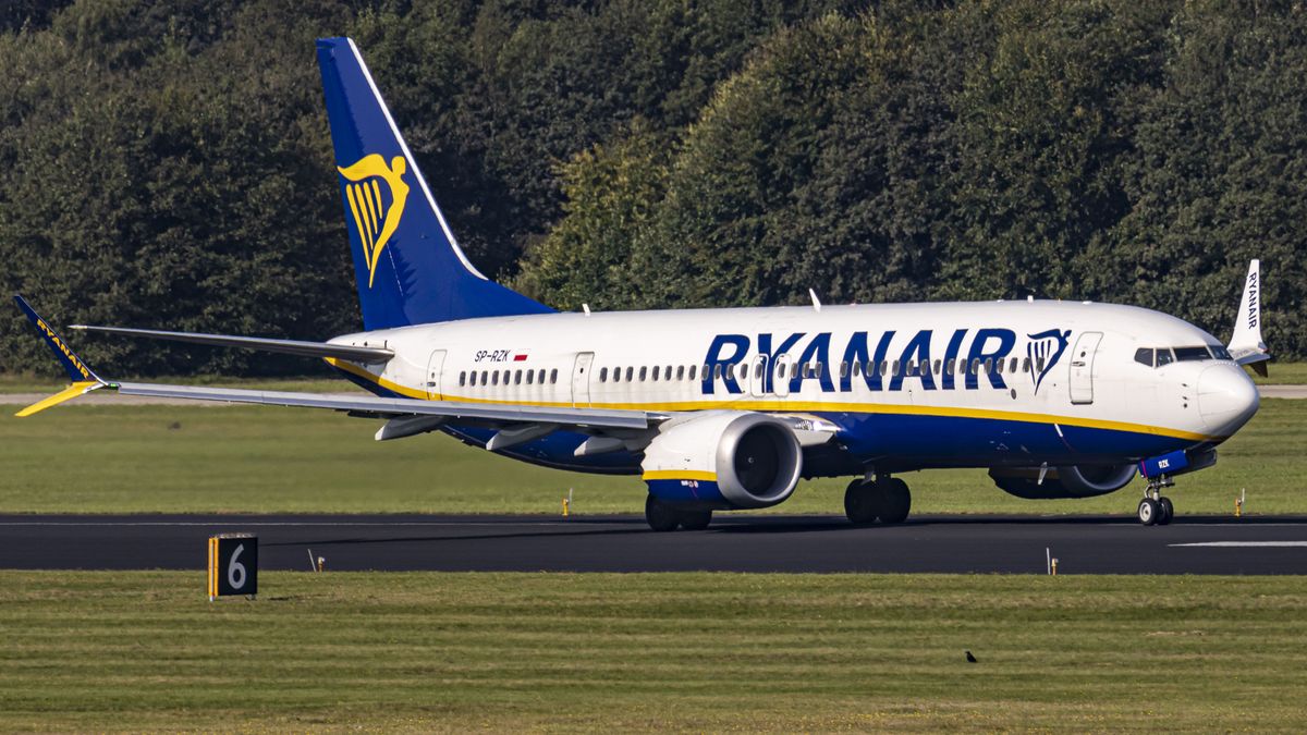 Ryanair Boeing 737 MAX 8 as seen during taxiing, take off and flying phase in Eindhoven Airport EIN. The Boeing 737 MAX-8 or 737-8200 MAX has the Ryanair livery but belongs to Buzz, the former Ryanair Sun, subsidiary of the Irish budget airline Ryanair. The B38M of the low cost carrier has the registration SP-RZK and is powered by 2x CFMI jet engines. Ryanair is a multinational low-cost airline group headquartered in Dublin, Ireland serving passenger flights as the largest low cost airline in the world. Eindhoven, Netherlands on September 2023.  (Photo by Nicolas Economou/NurPhoto via Getty Images)