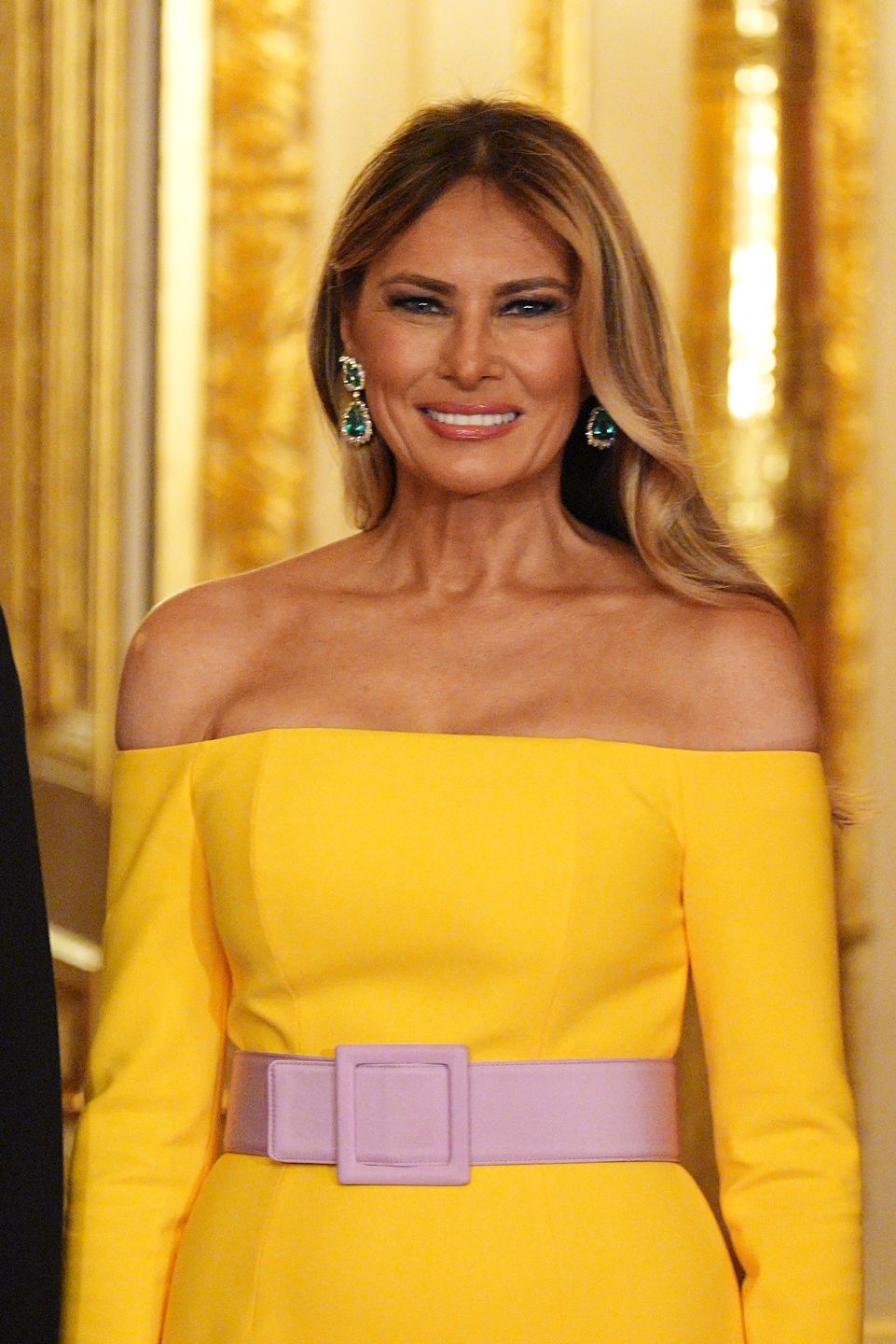 UK Hosts President Trump And First Lady Melania Trump For State Visit - Day TwoWINDSOR, ENGLAND - SEPTEMBER 17:  First Lady Melania Trump arrives for the State Banquet hosted by King Charles III and members of the Royal Family at Windsor Castle during the state visit by the President of the United States of America on September 17, 2025 in Windsor, England. President Trump is in England from Sept. 16-18 on his second UK state visit, with the previous one taking place in 2019 during his first presidential term.  (Photo by Aaron Chown-WPA Pool/Getty Images)WPA Pool